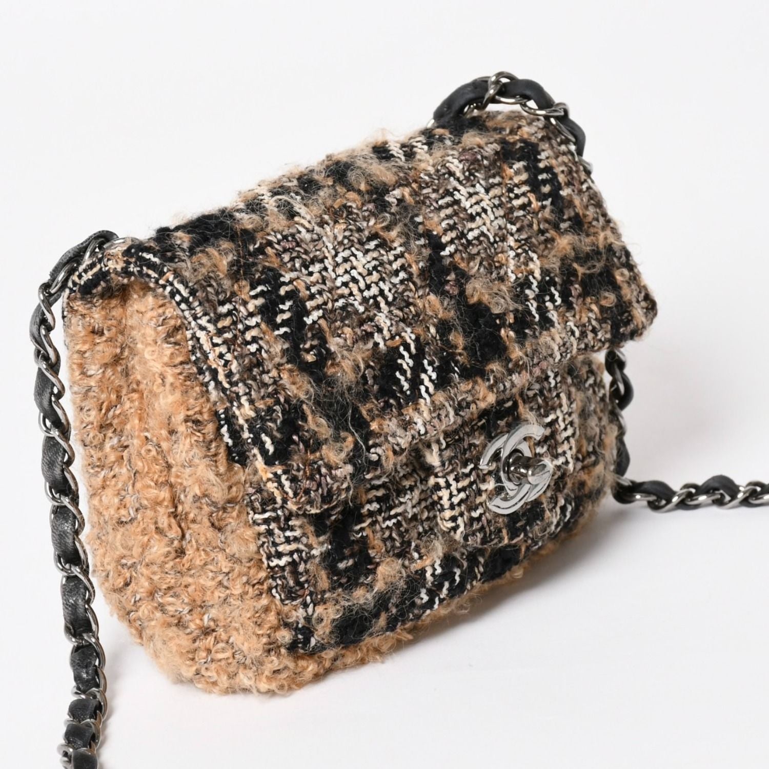 Chanel Mini Square Flap Shoulder Bag Tweed Leather Beige Silver — view 3
