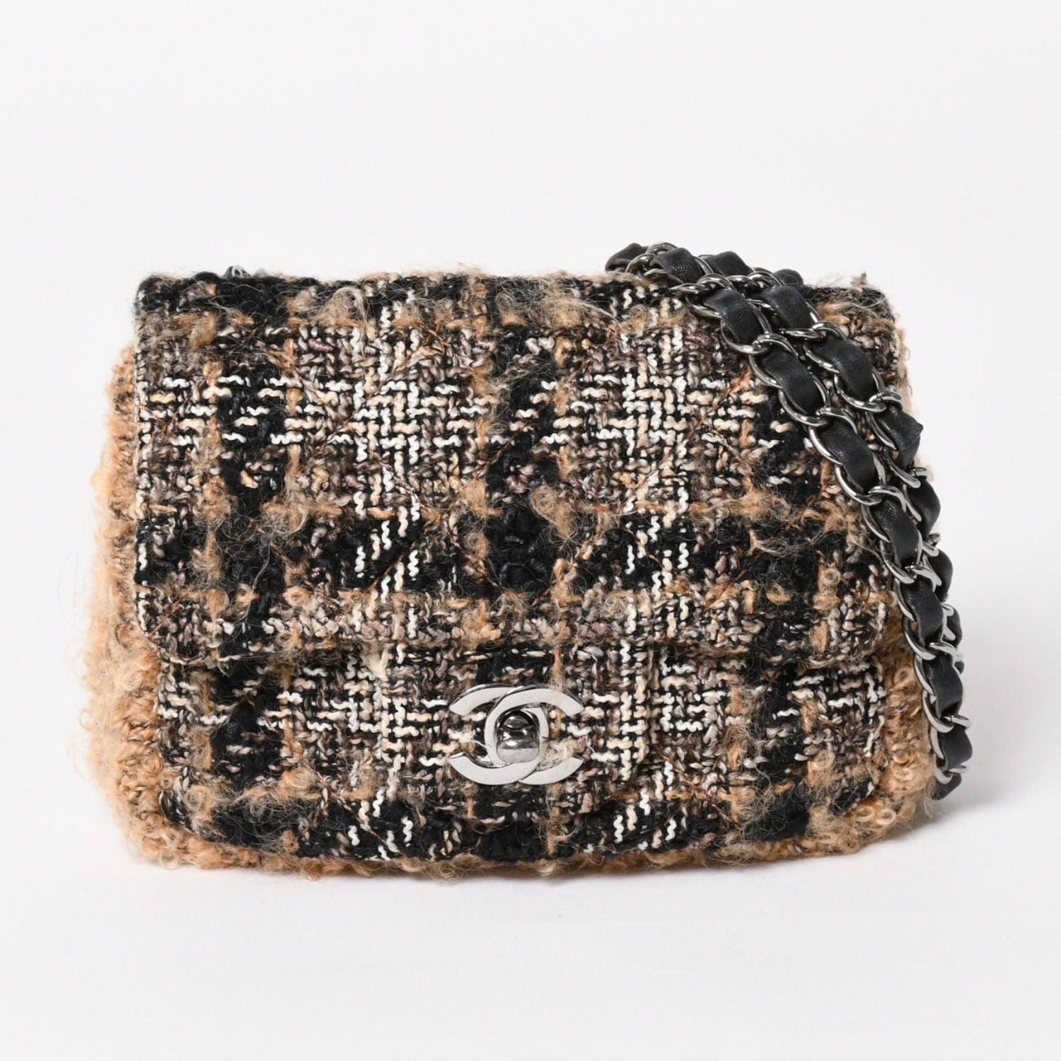 Chanel Mini Square Flap Shoulder Bag Tweed Leather Beige Silver