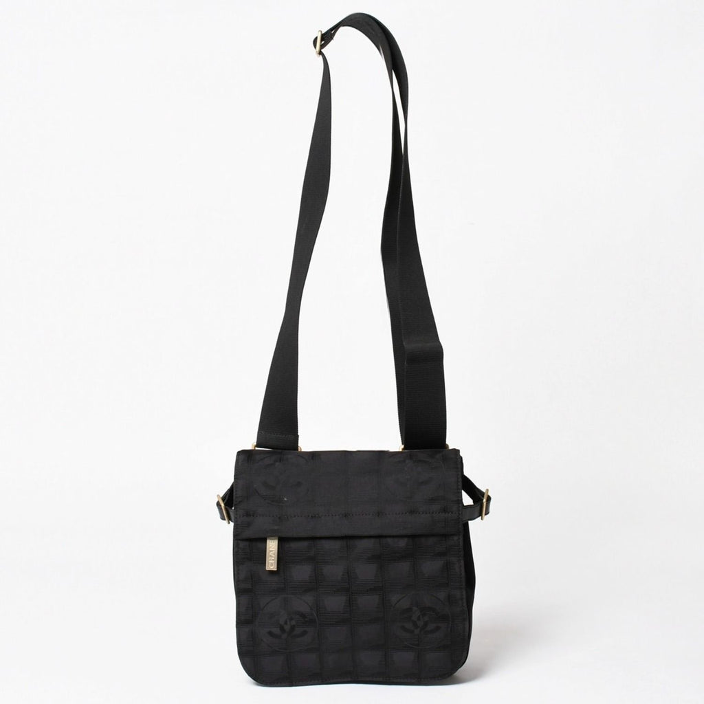 Chanel New Travel Line Messenger Bag Nylon Jacquard Leather Gold
