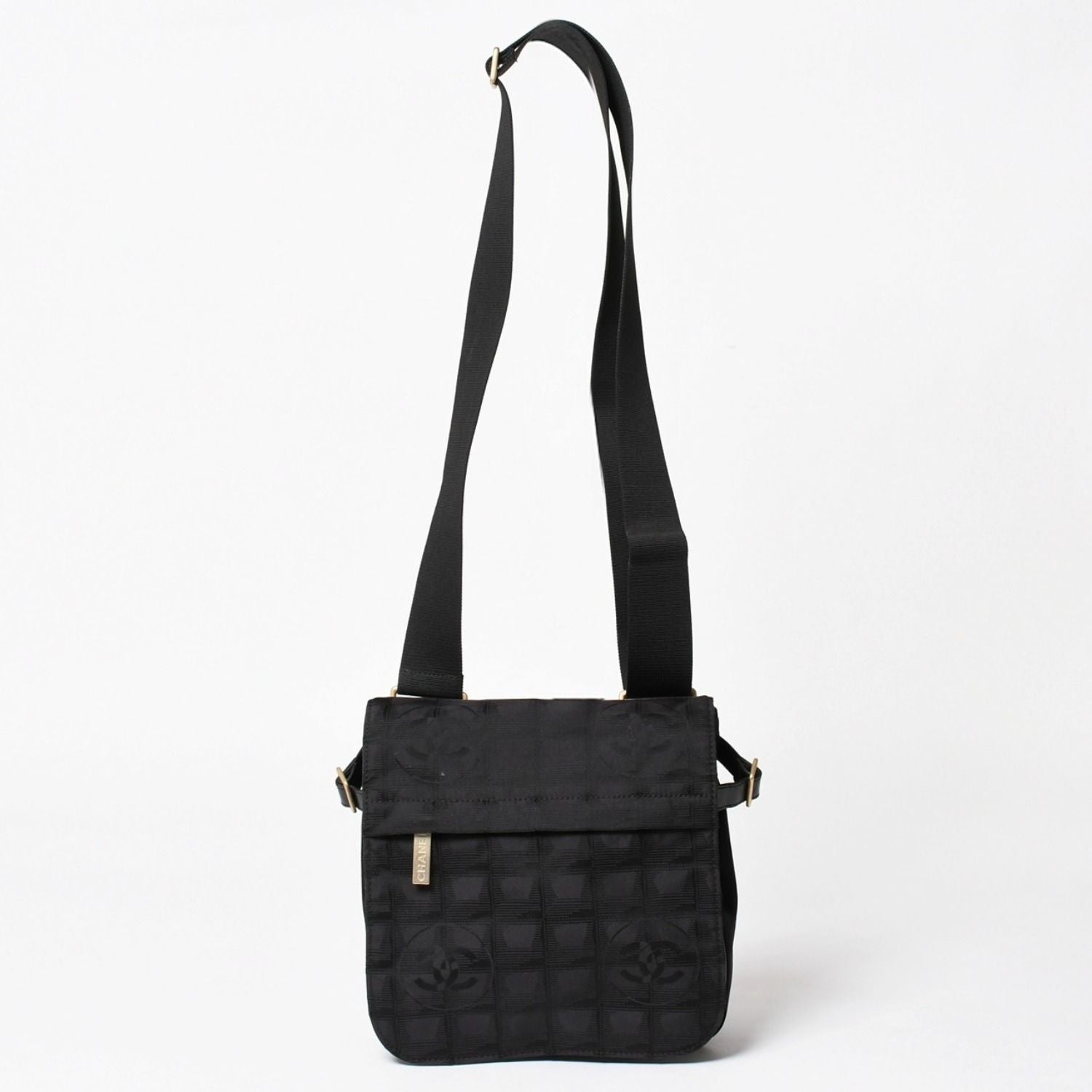 Chanel New Travel Line Messenger Bag Nylon Jacquard Leather Gold