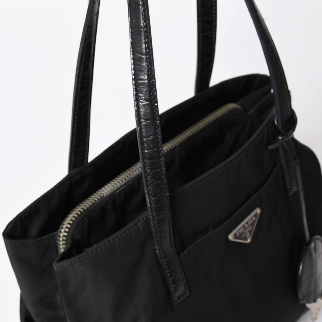 Prada Tote Bag Croco Embossed Nylon Leather Black Silver — view 4