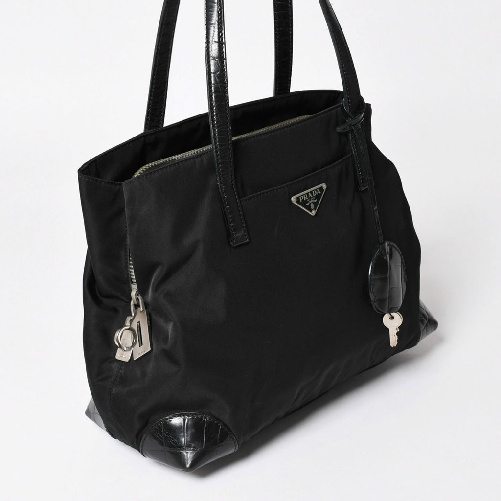 Prada Tote Bag Croco Embossed Nylon Leather Black Silver — view 3