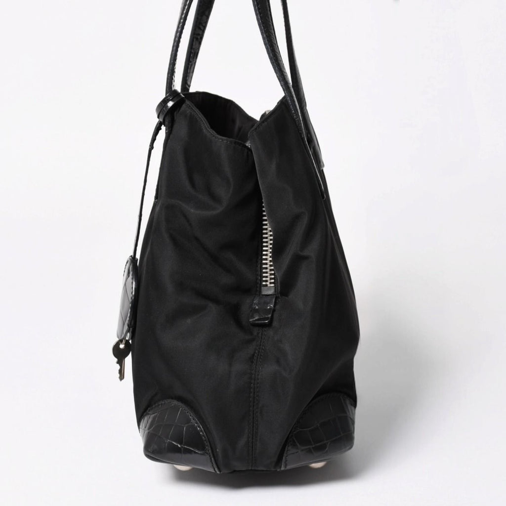 Prada Tote Bag Croco Embossed Nylon Leather Black Silver — view 5