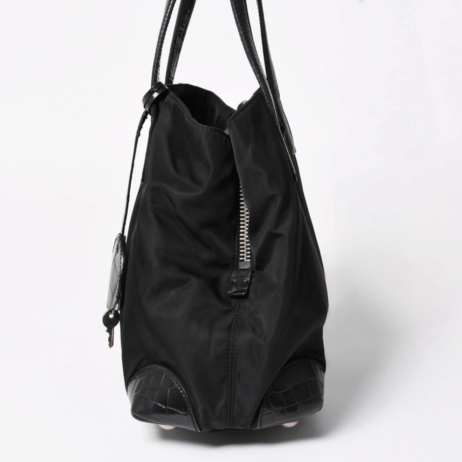 Prada Tote Bag Croco Embossed Nylon Leather Black Silver — view 5