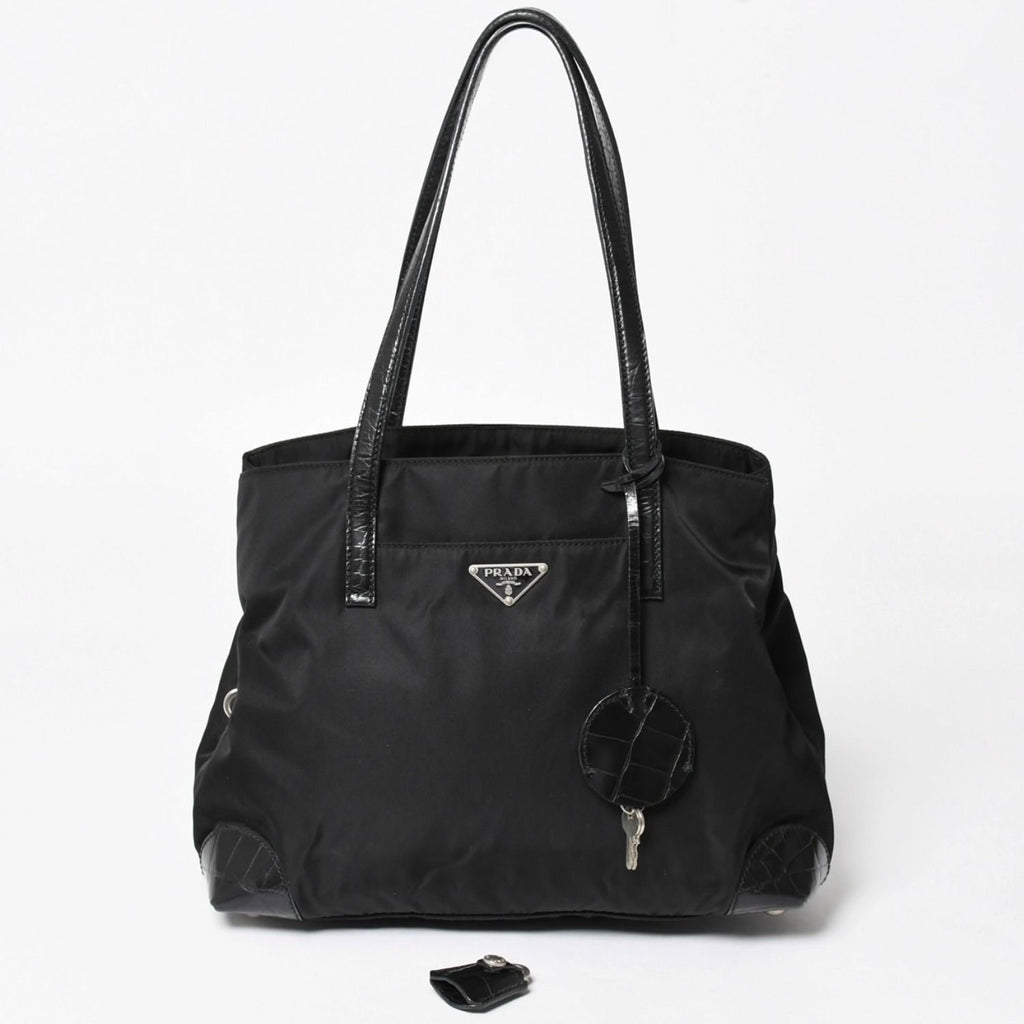 Prada Tote Bag Croco Embossed Nylon Leather Black Silver
