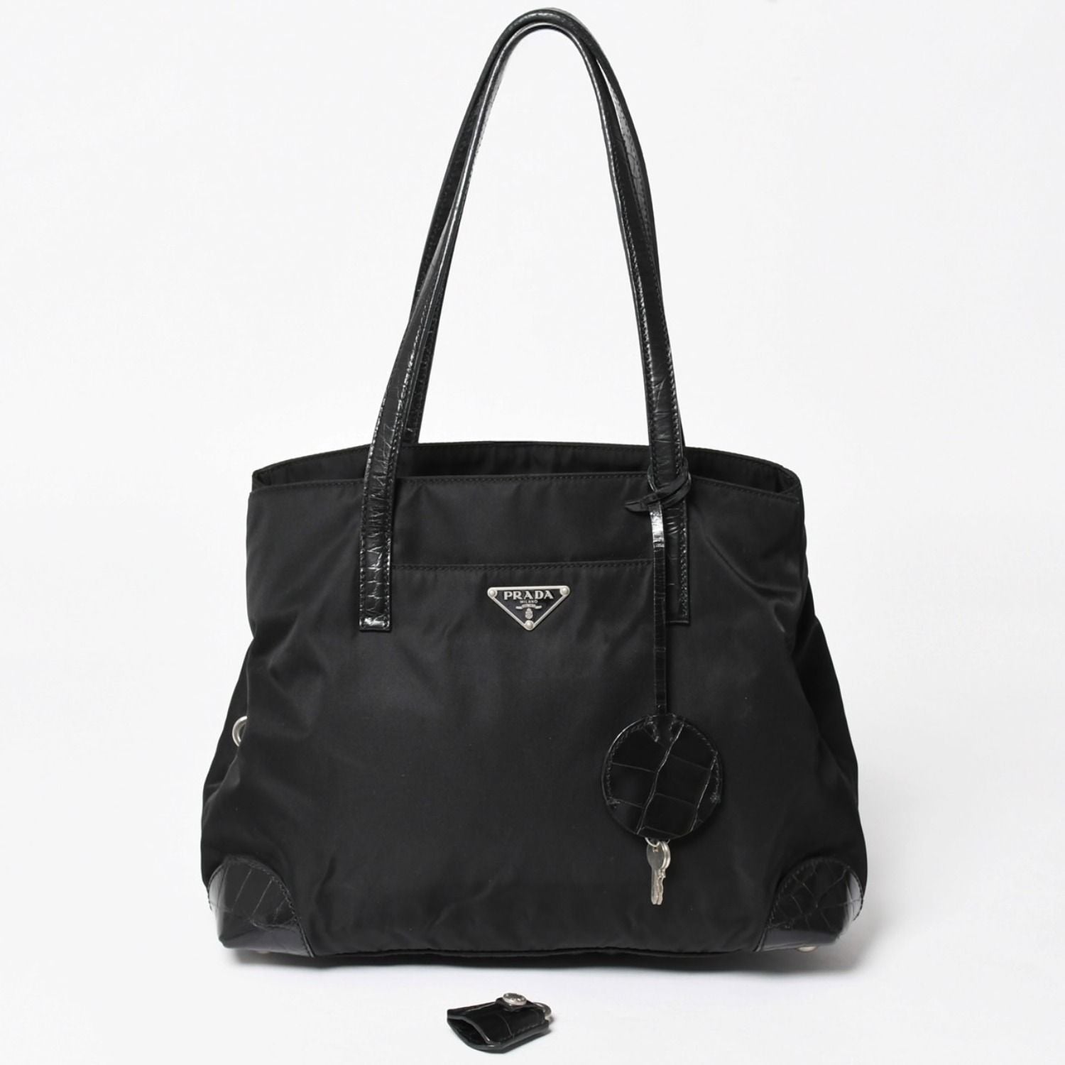 Prada Tote Bag Croco Embossed Nylon Leather Black Silver