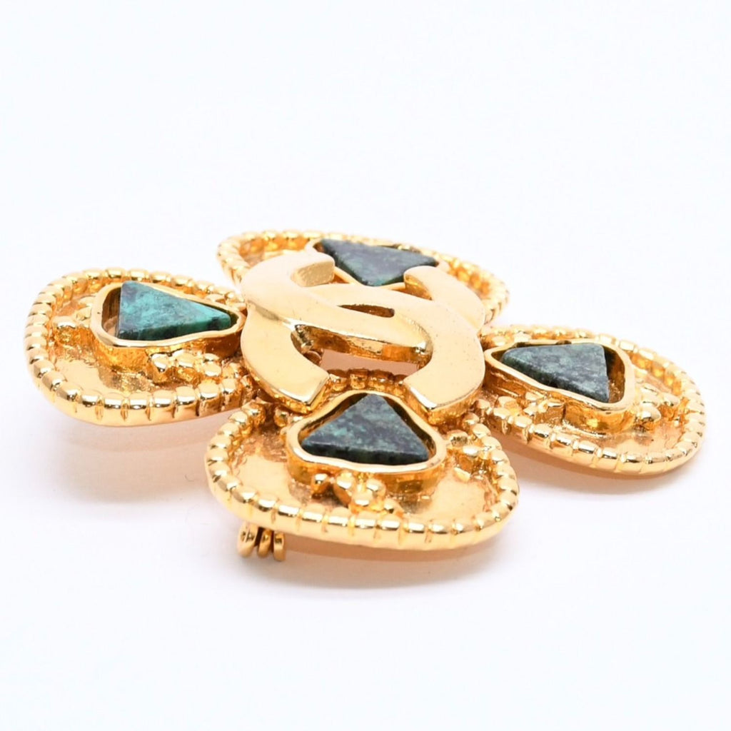 Chanel CC Logo Gripoix Brooch Clover Shape Color Stone Gold Green Metal Plated — view 5