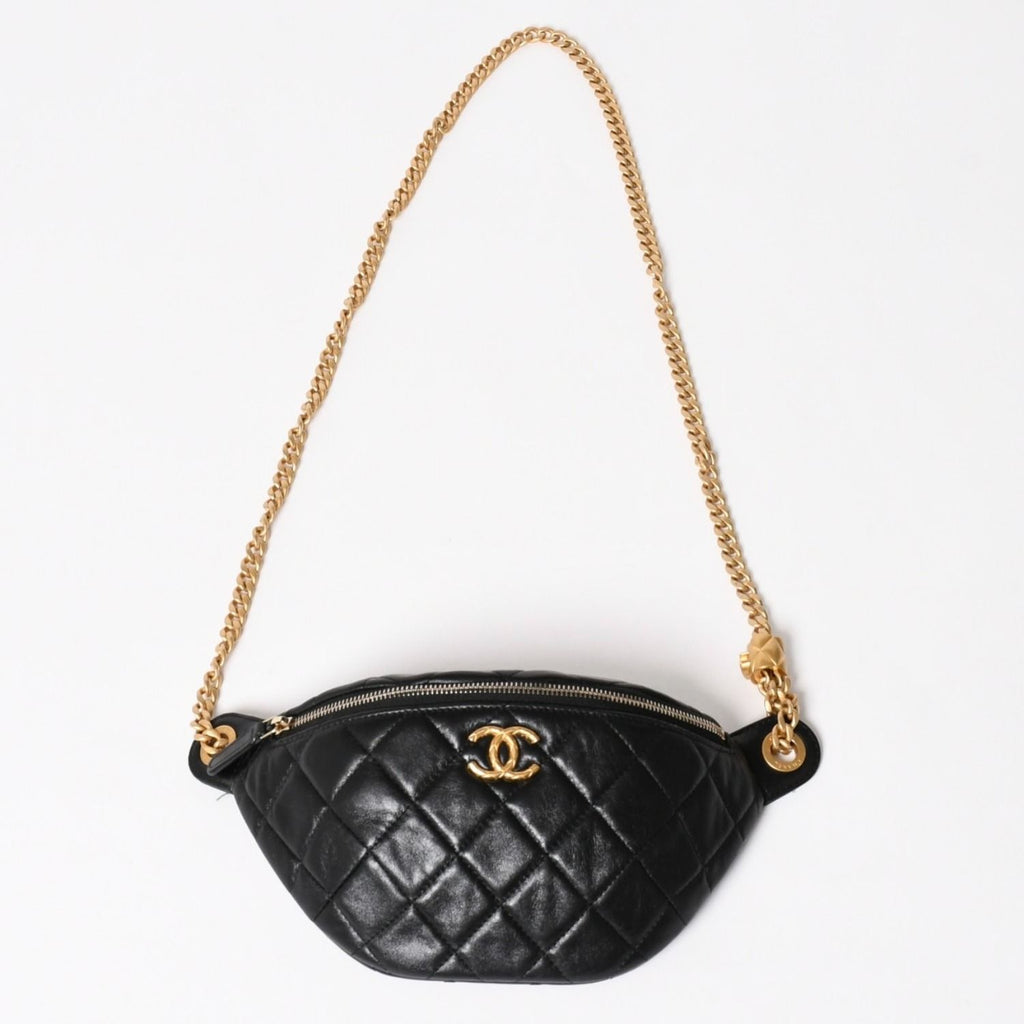Chanel Quilted Heart Chain Waist Bag Mini Random Model Lambskin Black Gold