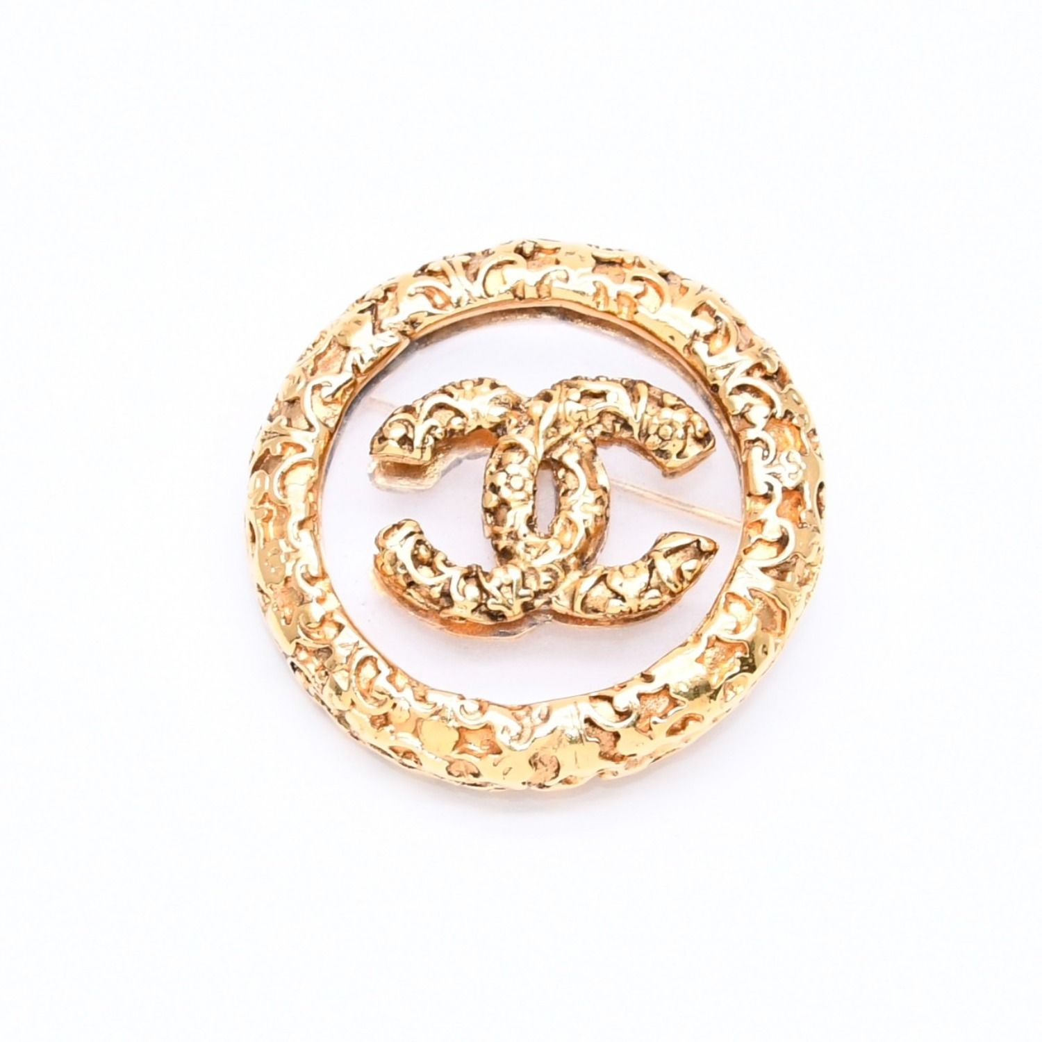 Chanel CC Logo Brooch 93 Metal Gold Glass Vintage