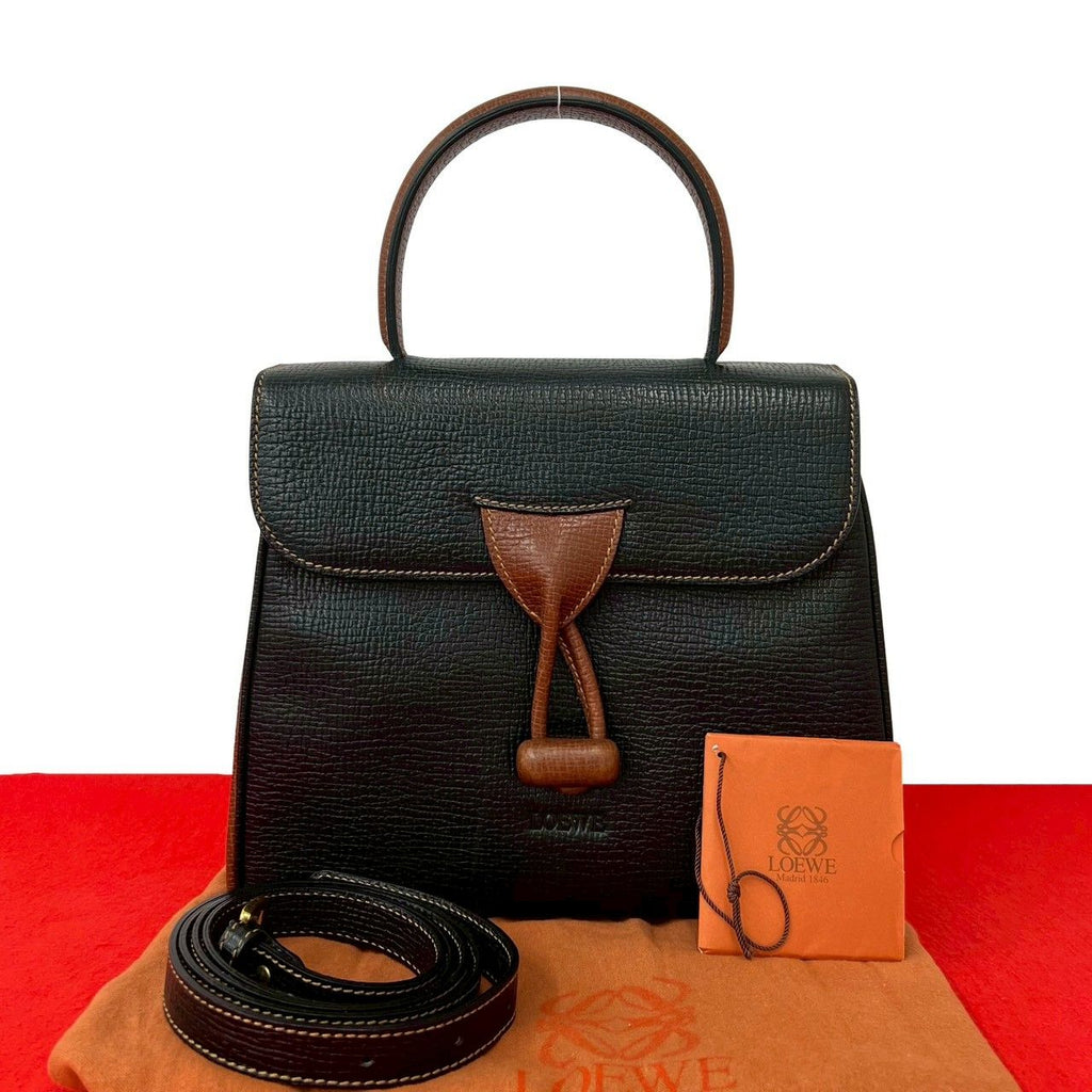 Loewe Vintage Logo Embossed Leather 2-Way Shoulder Bag Black Brown