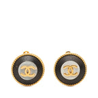 Chanel CC Logo Vintage Round Earrings Gold Black Plated