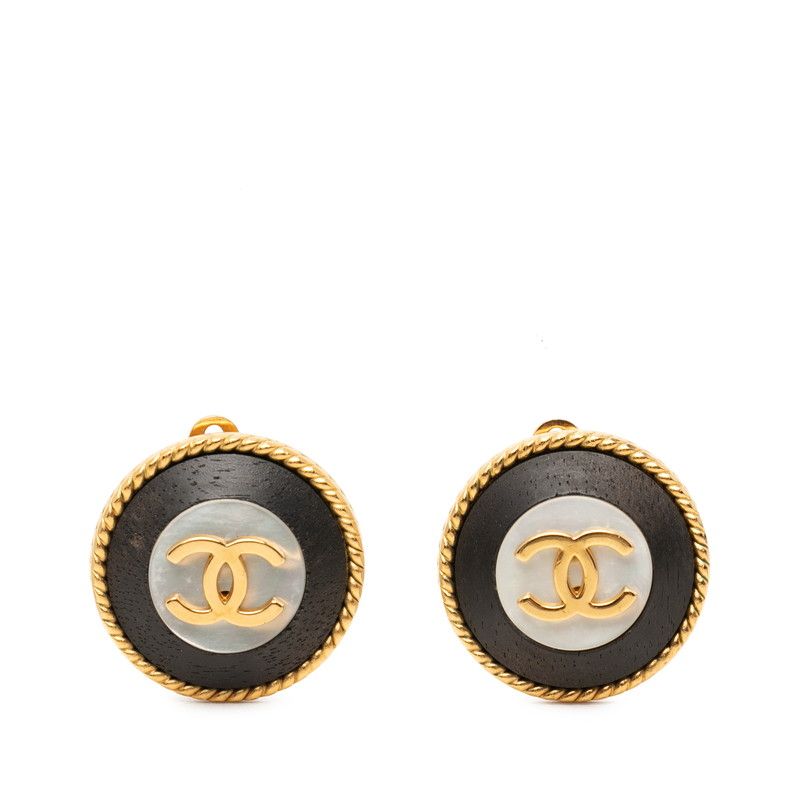 Chanel CC Logo Vintage Round Earrings Gold Black Plated
