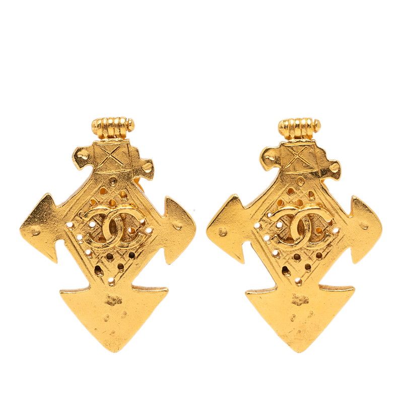 Chanel CC Logo Cross Motif Vintage Earrings Gold Plated