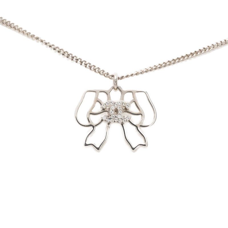 Chanel CC Logo Ribbon Motif Necklace Silver Metal Rhinestone