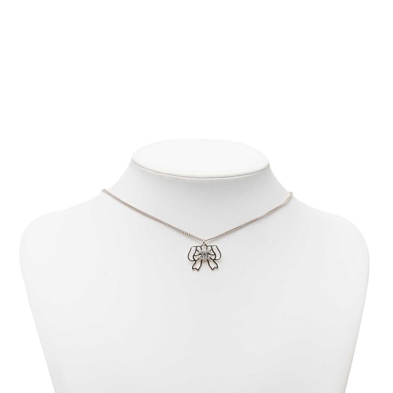 Chanel CC Logo Ribbon Motif Necklace Silver Metal Rhinestone