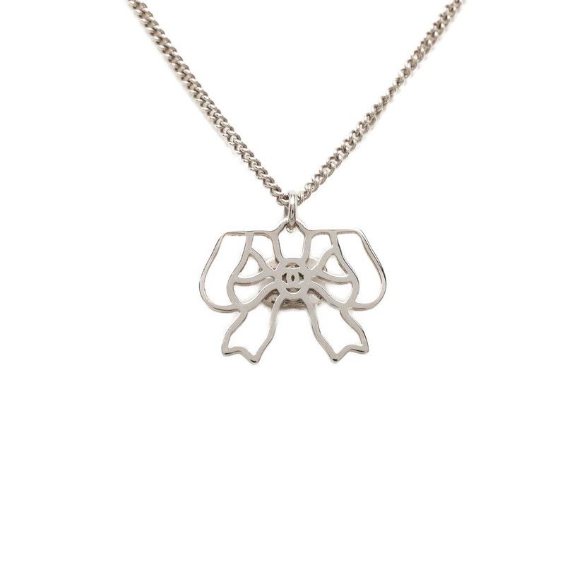 Chanel CC Logo Ribbon Motif Necklace Silver Metal Rhinestone