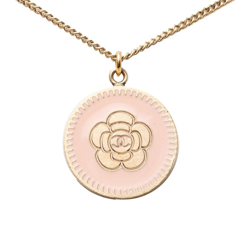 Chanel Vintage Camellia CC Logo Necklace Gold Pink Plated