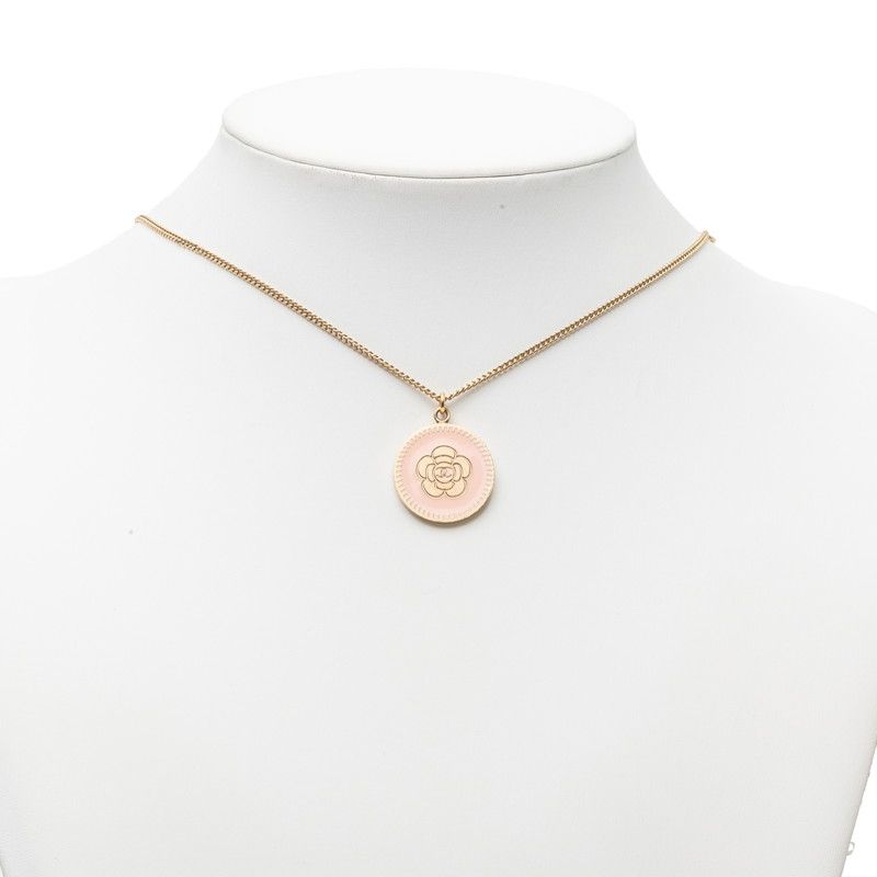 Chanel Vintage Camellia CC Logo Necklace Gold Pink Plated