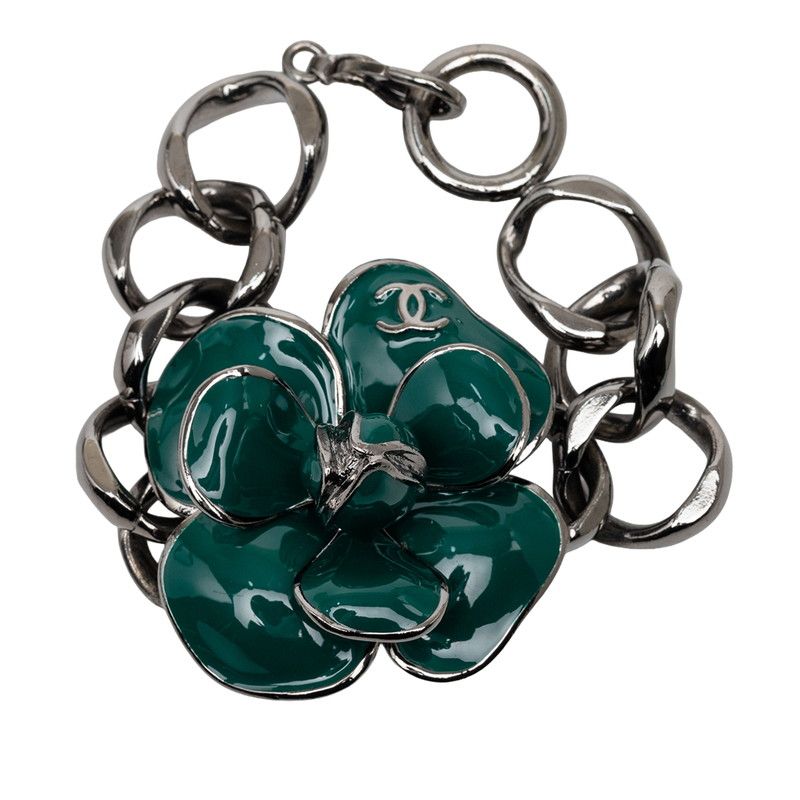 Chanel CC Logo Camellia Chain Bracelet 06c Silver Green Metal