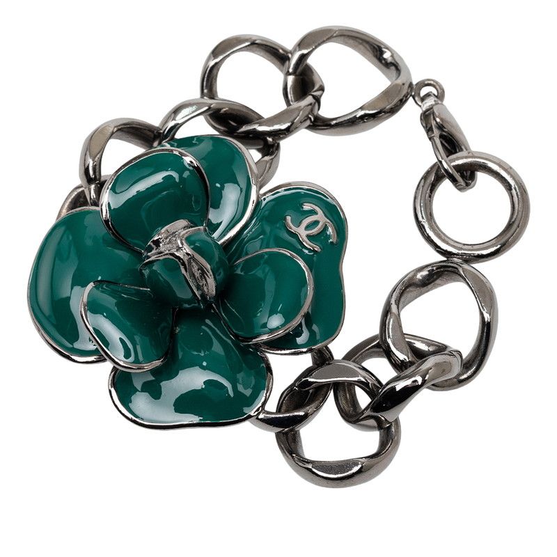 Chanel CC Logo Camellia Chain Bracelet 06c Silver Green Metal