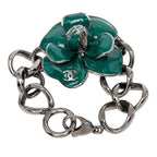 Chanel CC Logo Camellia Chain Bracelet 06c Silver Green Metal