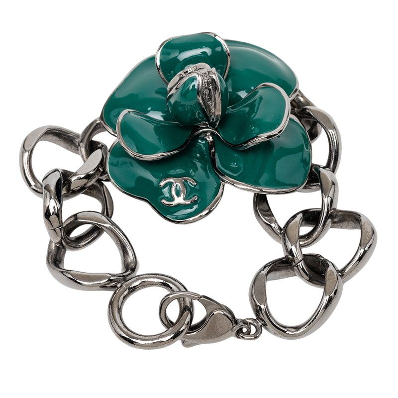 Chanel CC Logo Camellia Chain Bracelet 06c Silver Green Metal