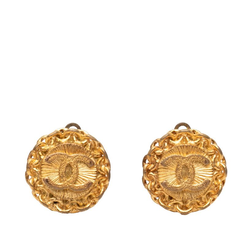 Chanel CC Logo Vintage Round Earrings Gold Plated