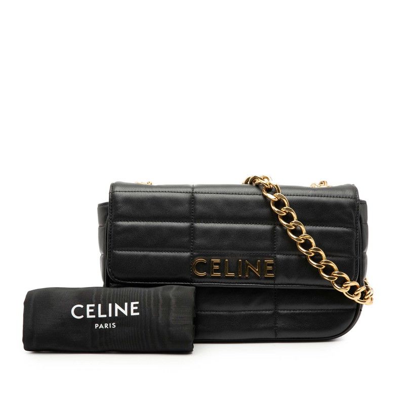 Celine Matelasse Monochrome Chain Shoulder Bag Black Leather