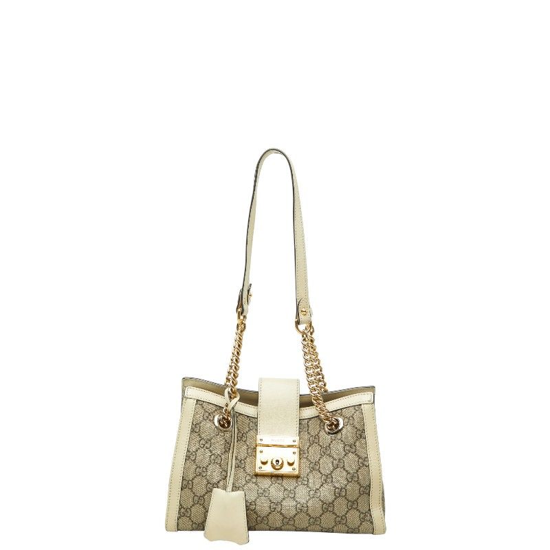 Gucci GG Supreme Padlock Chain Shoulder Bag Beige Ivory Leather