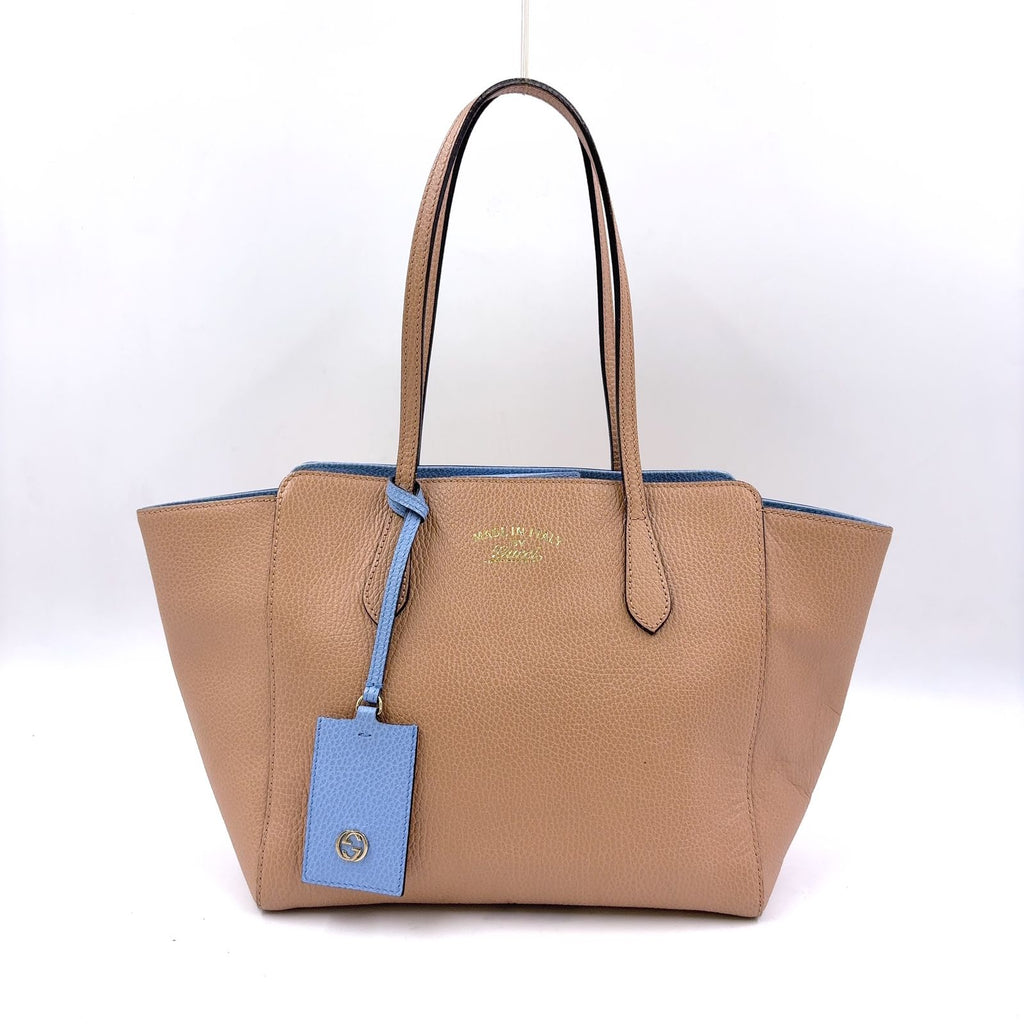 Gucci Swing Leather Beige Light Blue Tote Silver