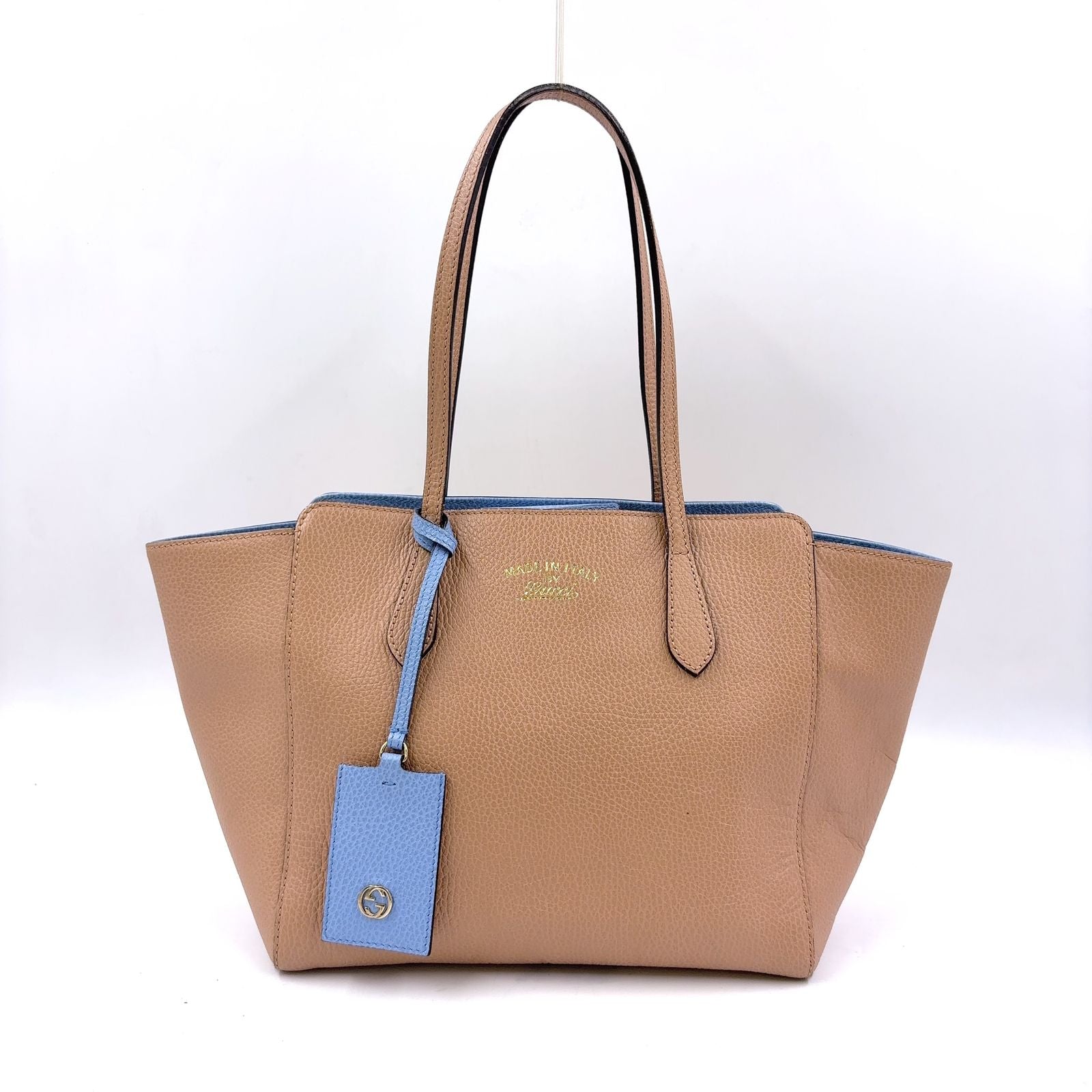Gucci Swing Leather Beige Light Blue Tote Silver