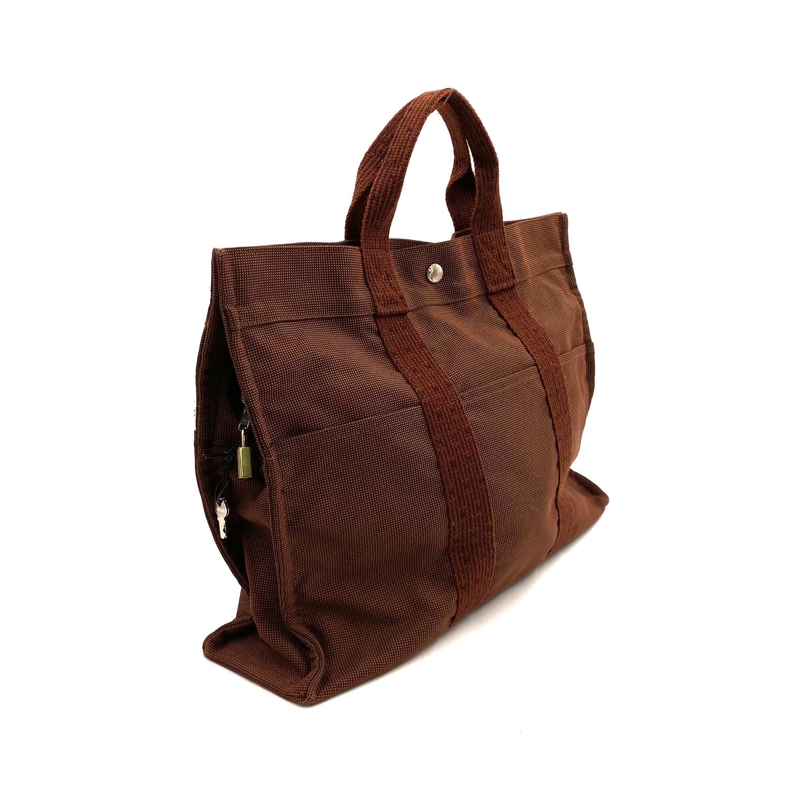 Hermes Her Line MM Nylon Canvas Brown Tote Silver — view 2