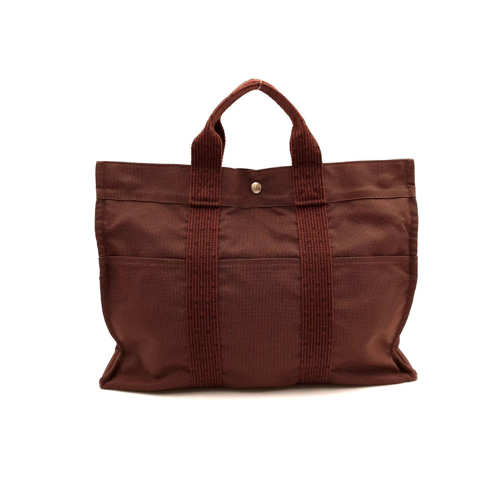 Hermes Her Line MM Nylon Canvas Brown Tote Silver