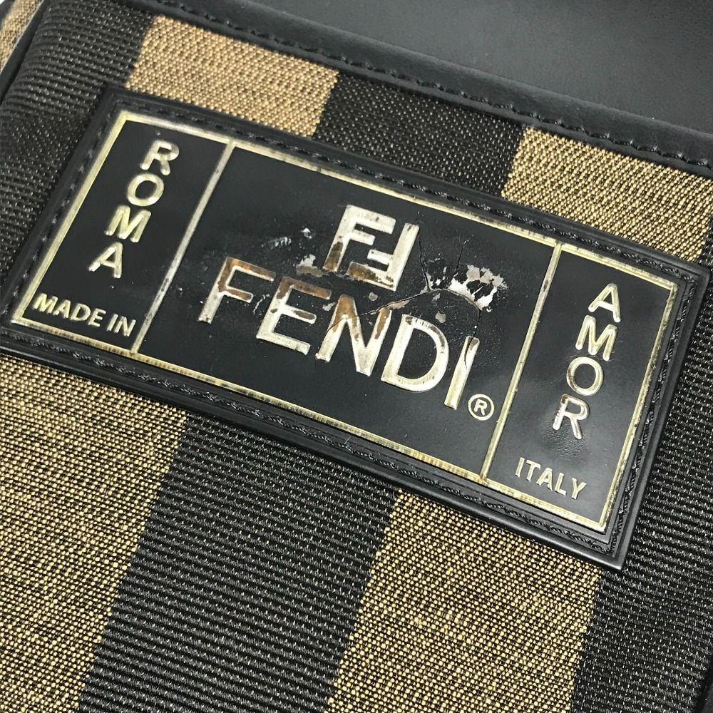 Fendi Shoulder Bag Logo Pecan Leather Canvas Khaki