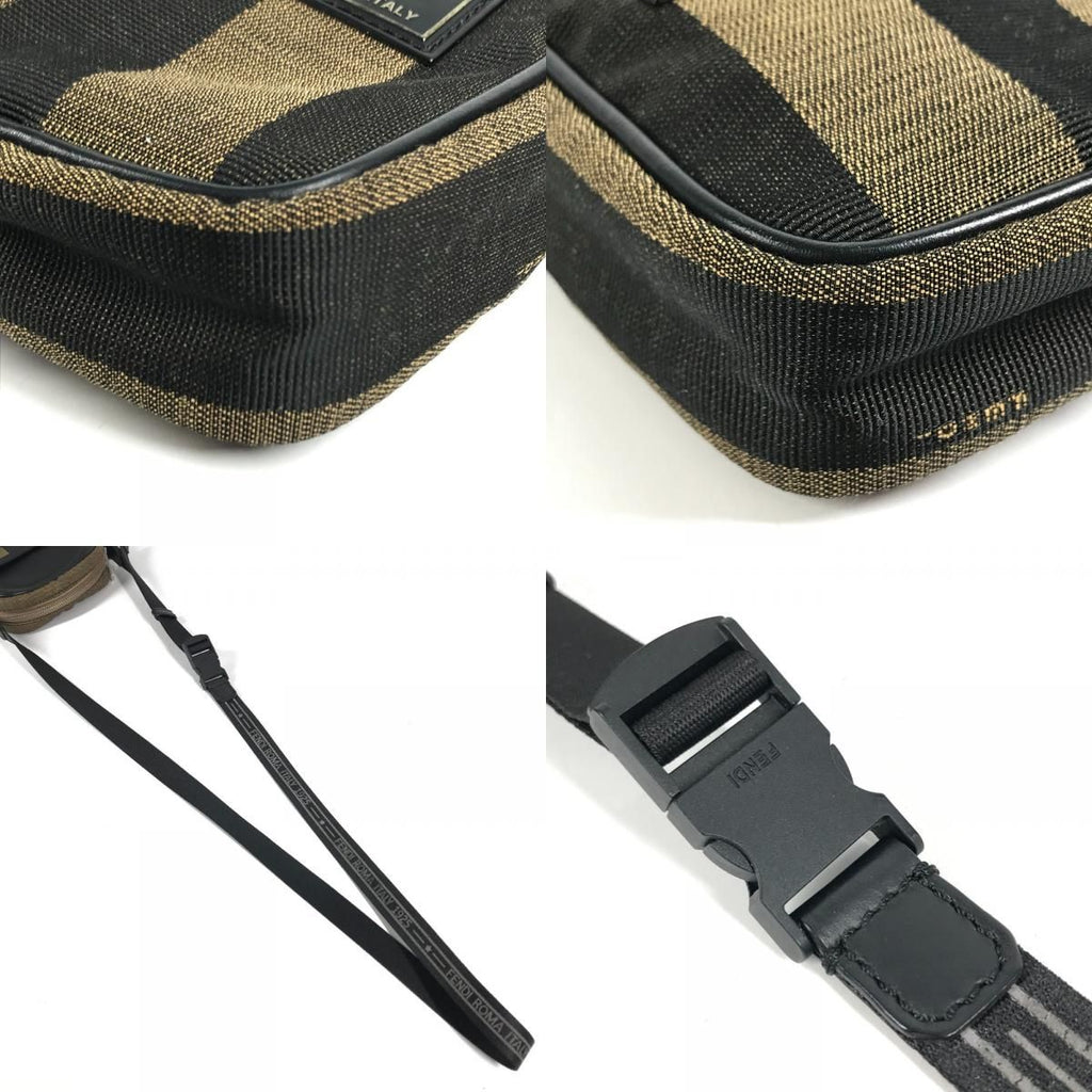 Fendi Shoulder Bag Logo Pecan Leather Canvas Khaki