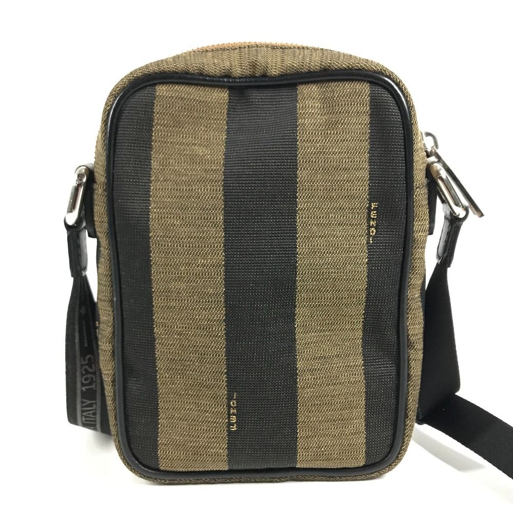 Fendi Shoulder Bag Logo Pecan Leather Canvas Khaki