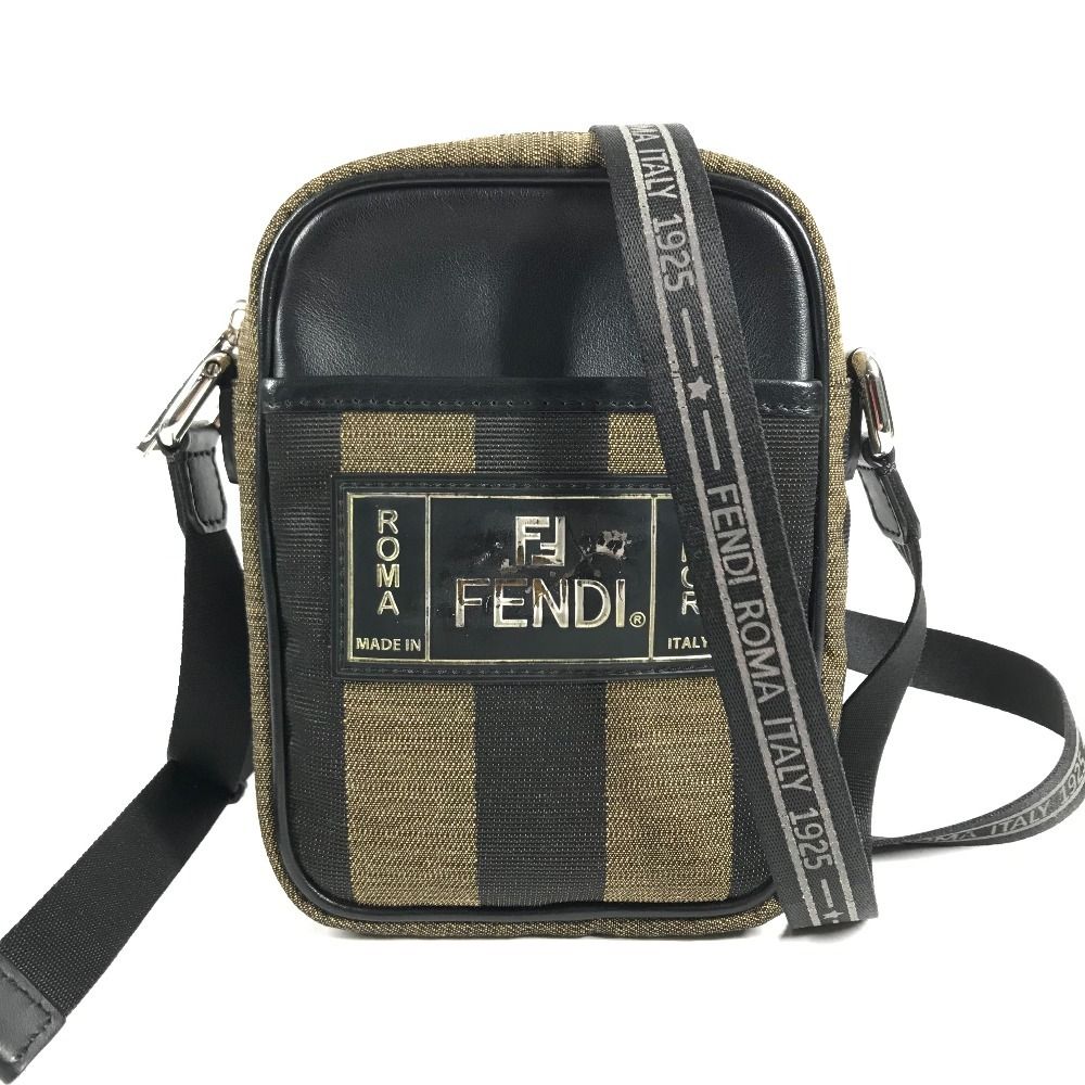 Fendi Shoulder Bag Logo Pecan Leather Canvas Khaki