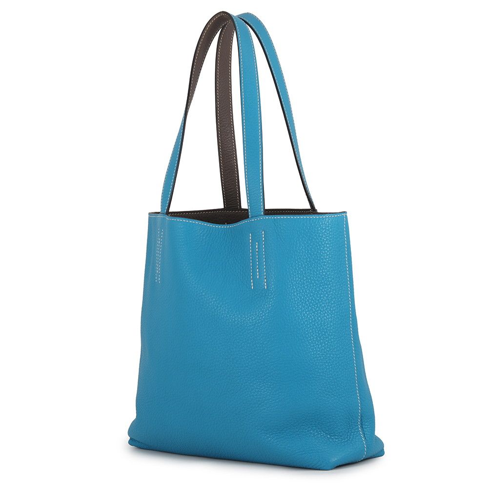 Hermes Tote Bag Double Sens 28 Etain Blue Zanzibar Taurillon Clemence Reversible