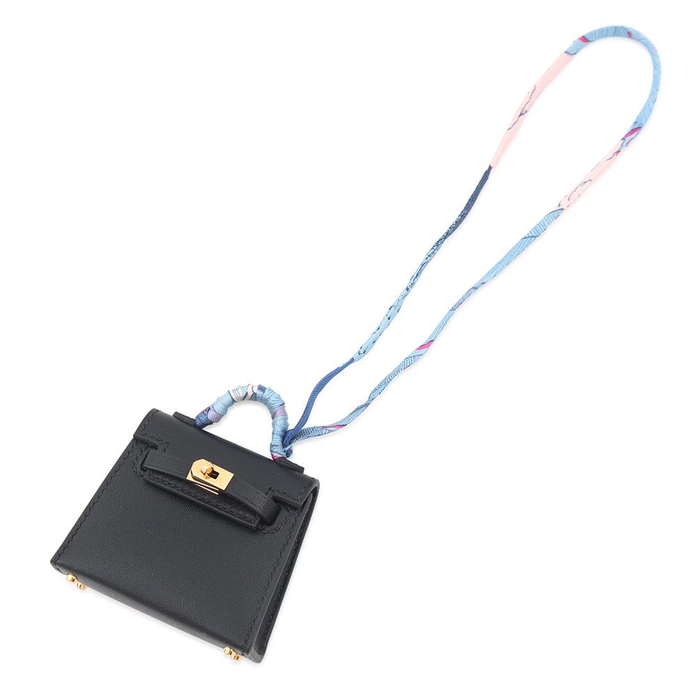 Hermes Bag Charm Kelly Twilly Black Gold Tadelakt Silk