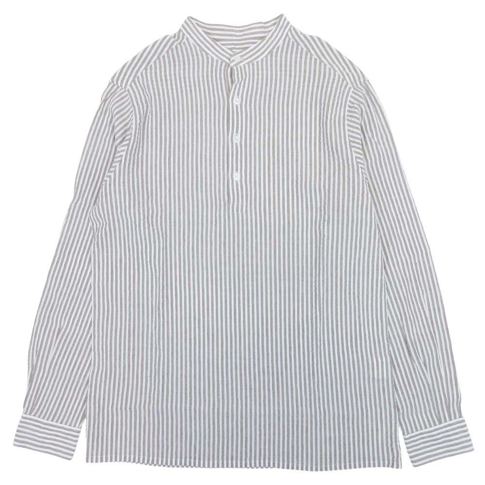 Hermes Striped Seersucker Shirt Pullover Cotton Linen Series Button 41 16 Brown