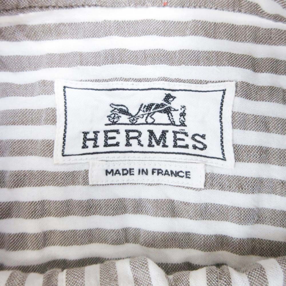 Hermes Striped Seersucker Shirt Pullover Cotton Linen Series Button 41 16 Brown — view 6