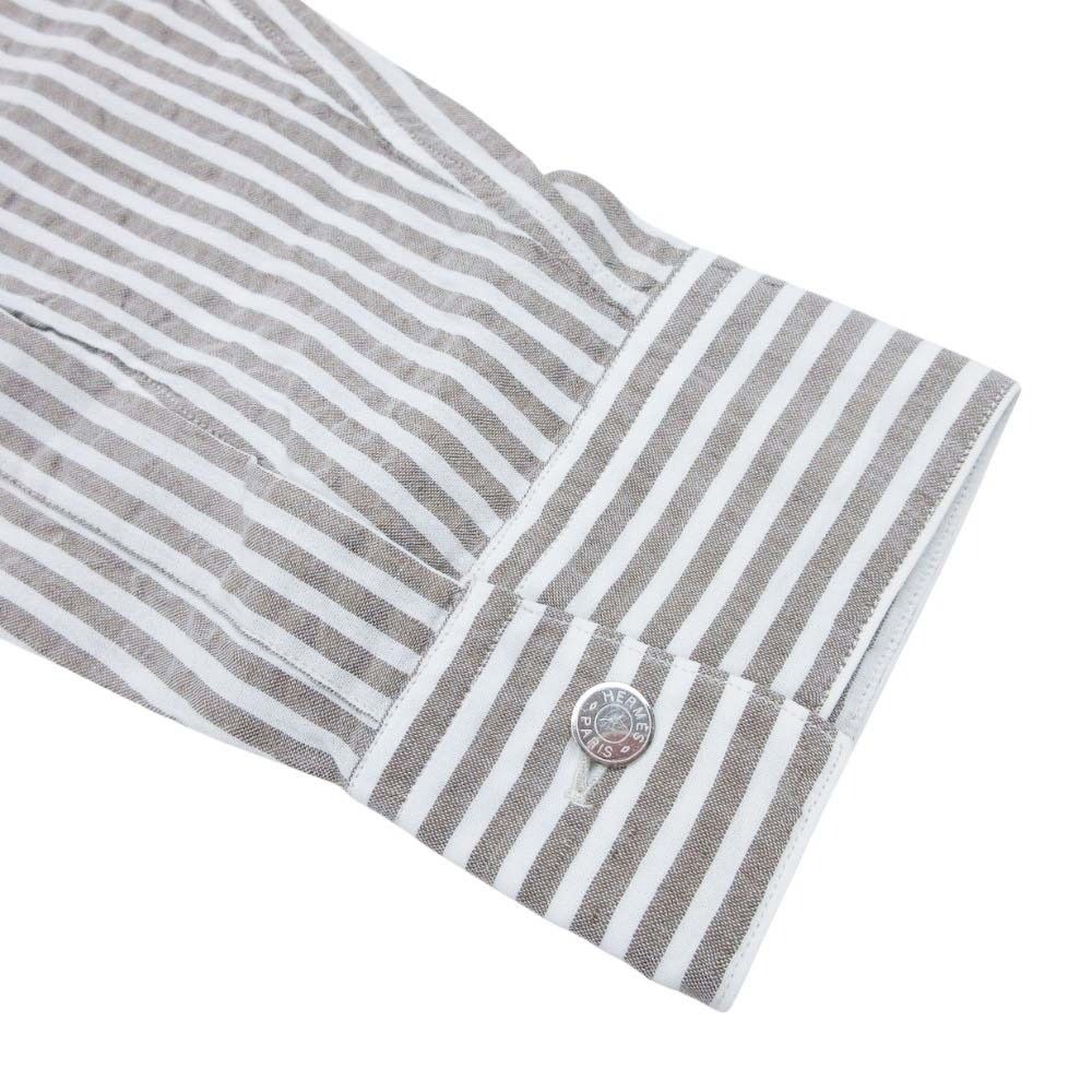 Hermes Striped Seersucker Shirt Pullover Cotton Linen Series Button 41 16 Brown — view 4