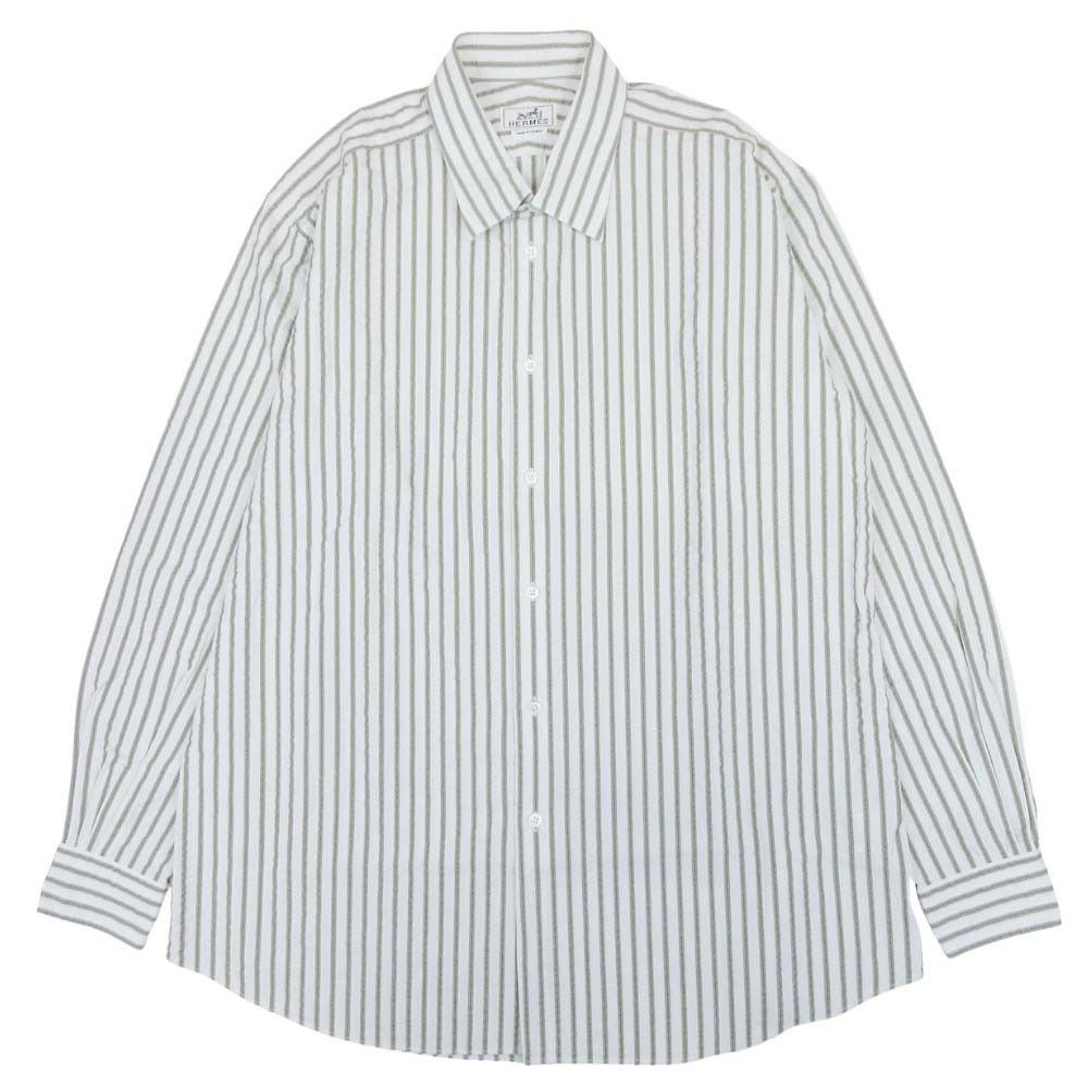 Hermes Striped Seersucker Shirt Top Long Sleeve Series Button 43 17 White Khaki
