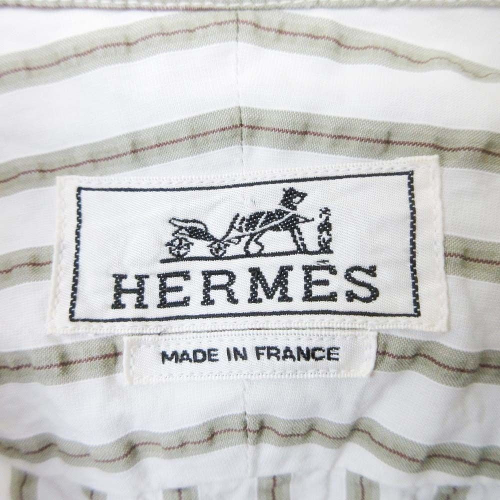 Hermes Striped Seersucker Shirt Top Long Sleeve Series Button 43 17 White Khaki — view 7