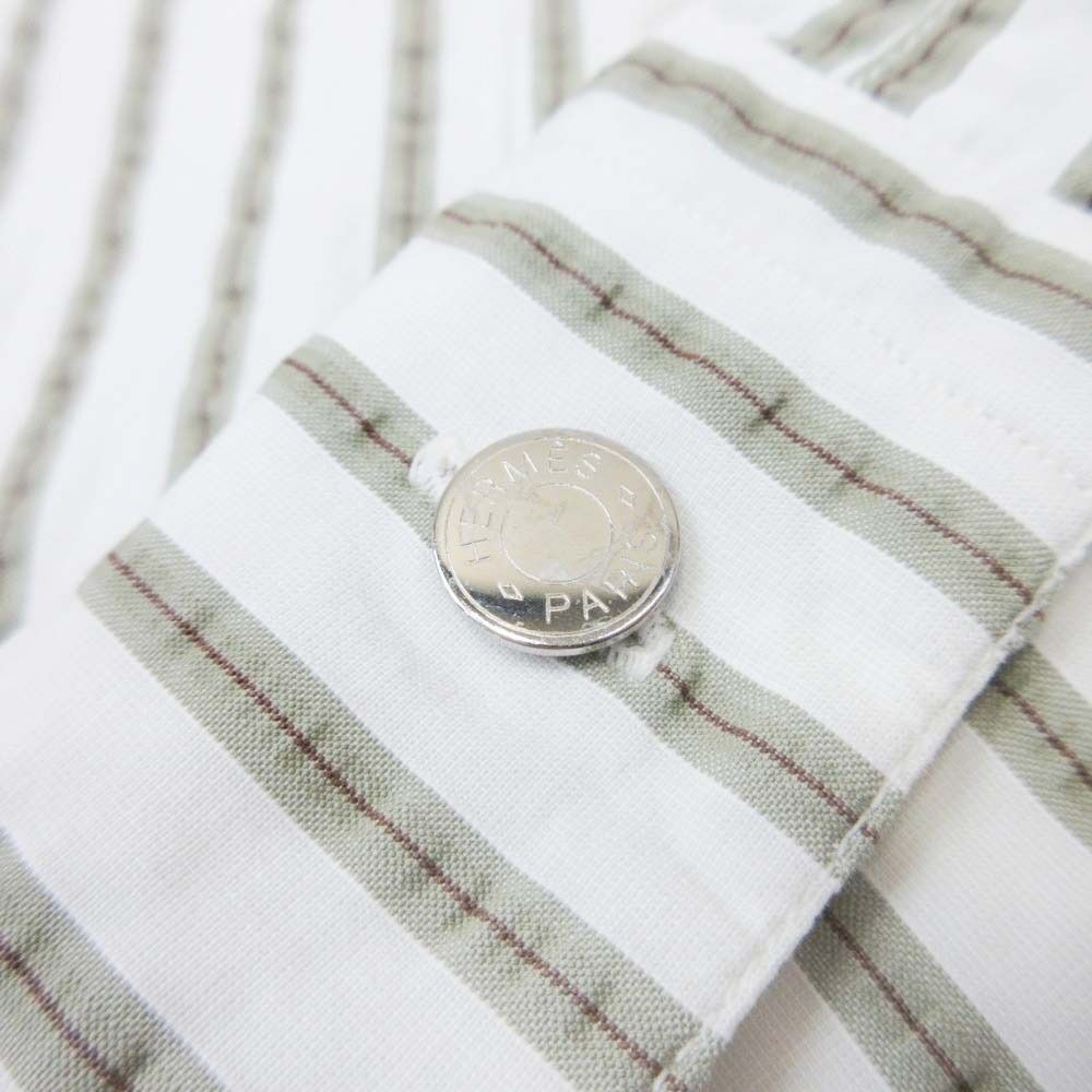 Hermes Striped Seersucker Shirt Top Long Sleeve Series Button 43 17 White Khaki — view 6