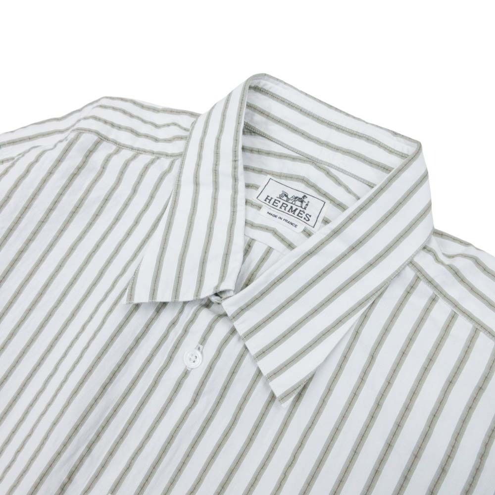 Hermes Striped Seersucker Shirt Top Long Sleeve Series Button 43 17 White Khaki — view 3