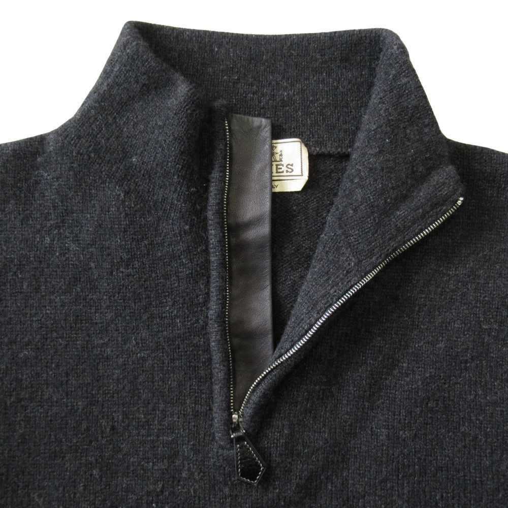 Hermes Yak Wool Knit Sweater Top Half Zip Lambskin Switch M Charcoal Gray — view 4