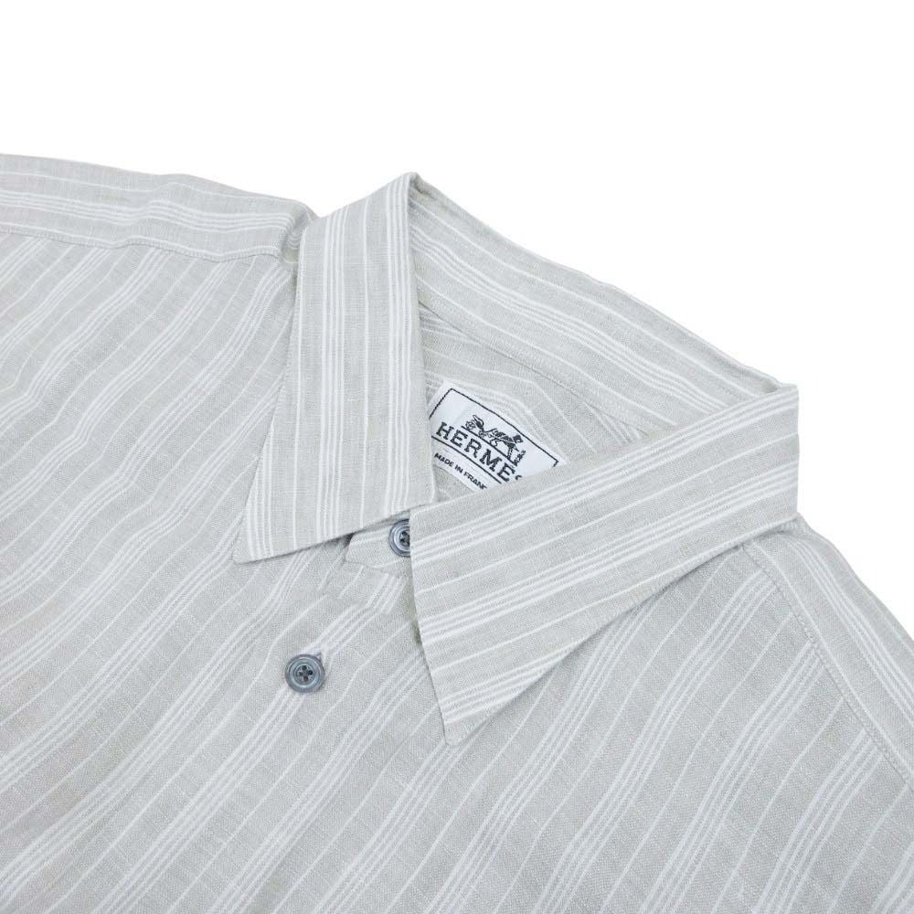 Hermes Striped Linen Shirt Top Long Sleeve Series Button 43 17 Light Gray — view 3
