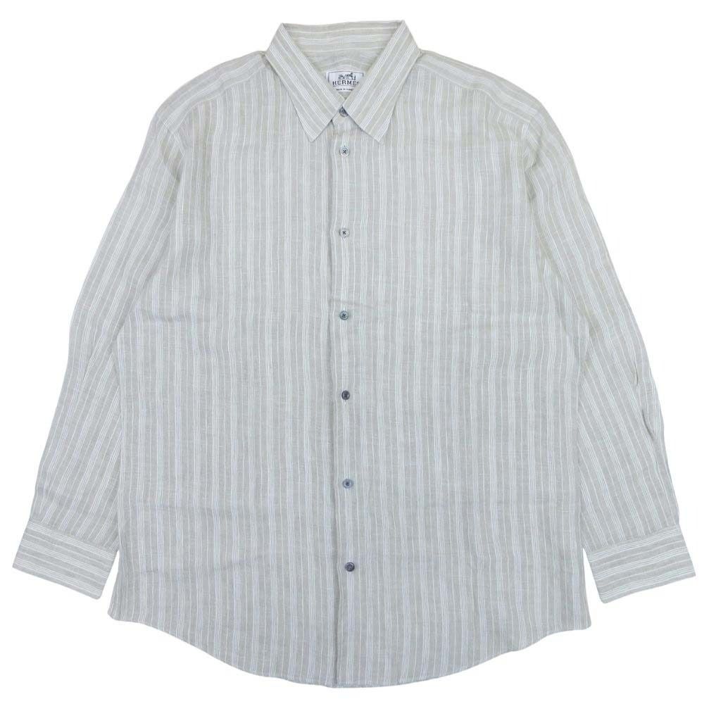 Hermes Striped Linen Shirt Top Long Sleeve Series Button 43 17 Light Gray