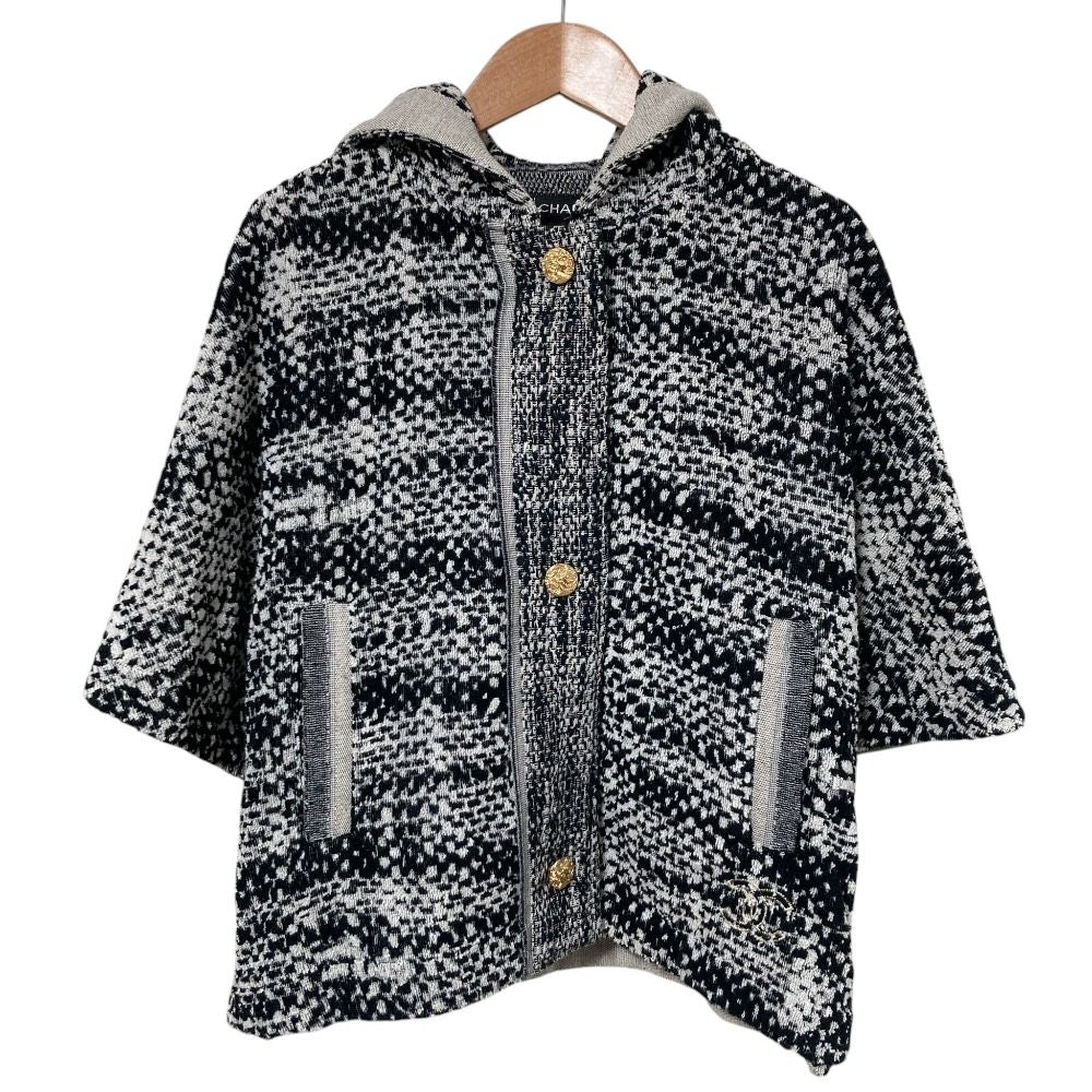 Chanel Pile CC Logo Poncho Coat 34 36 Black Gray